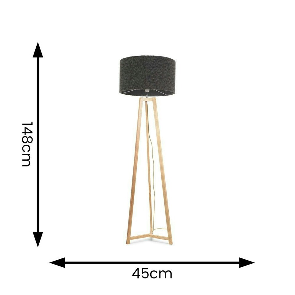 image 1 of ValueLights Lottie Natural Wood Tripod Floor Lamp with Charcoal Boucle Drum Shade and LED Bulb