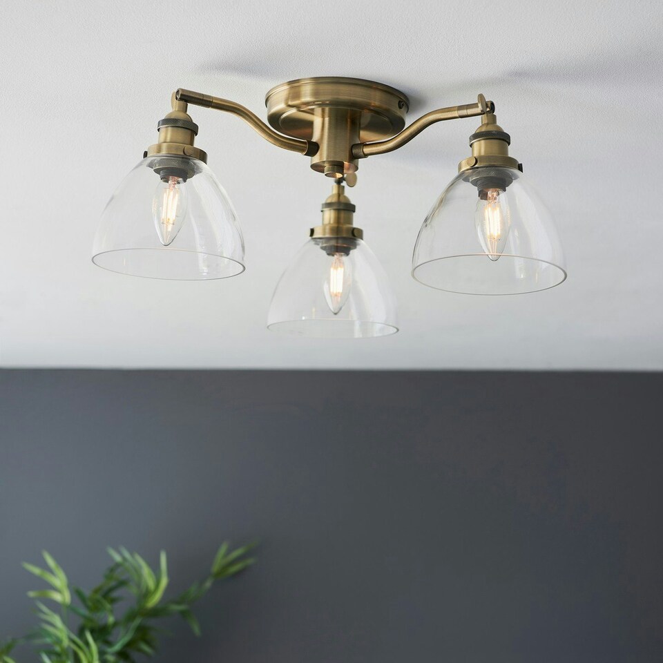 image 1 of Hansen Multi Arm Glass Semi Flush Ceiling Lamp, Antique Brass Plate, Glass