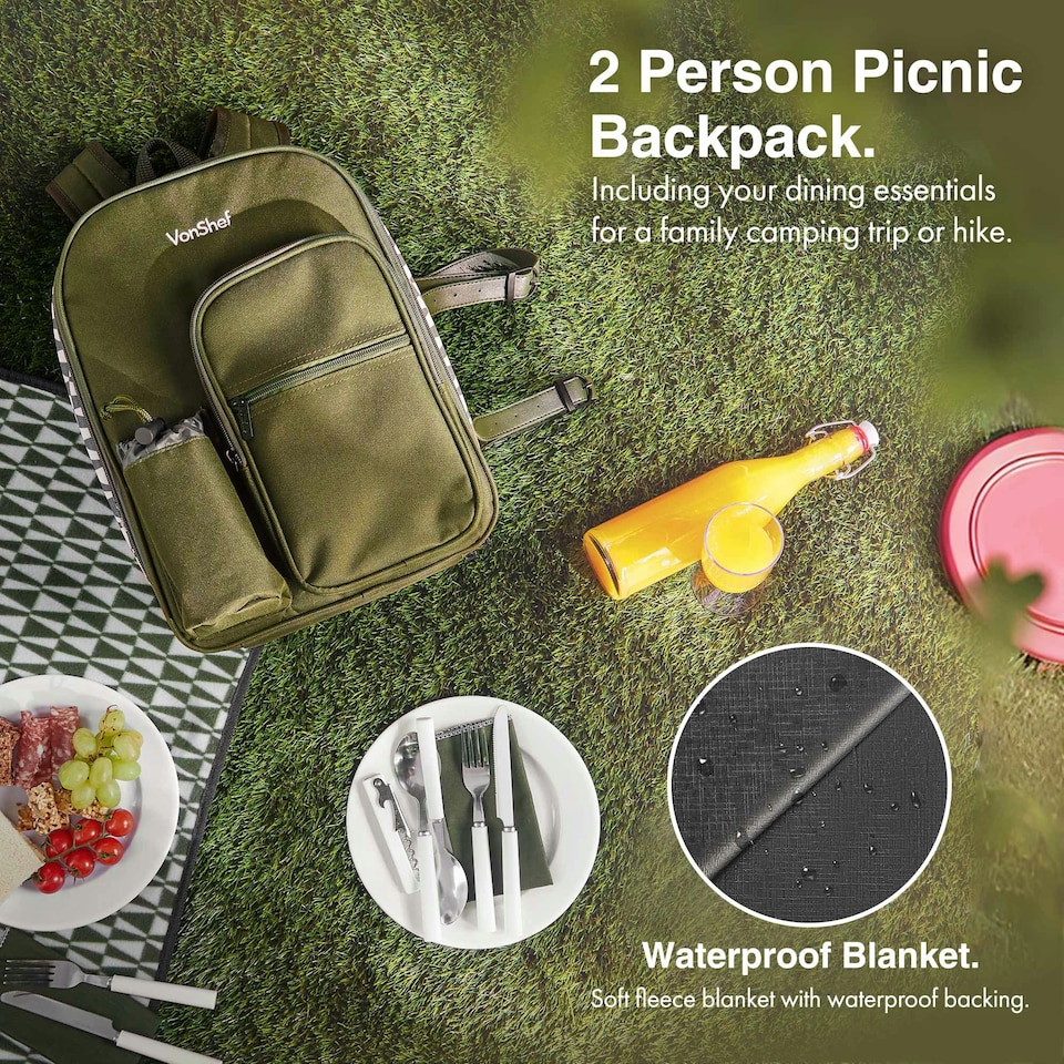 image 1 of VonShef Picnic Backpack, 2 Person Green Geo Insulated Picnic Bag with Dining Set