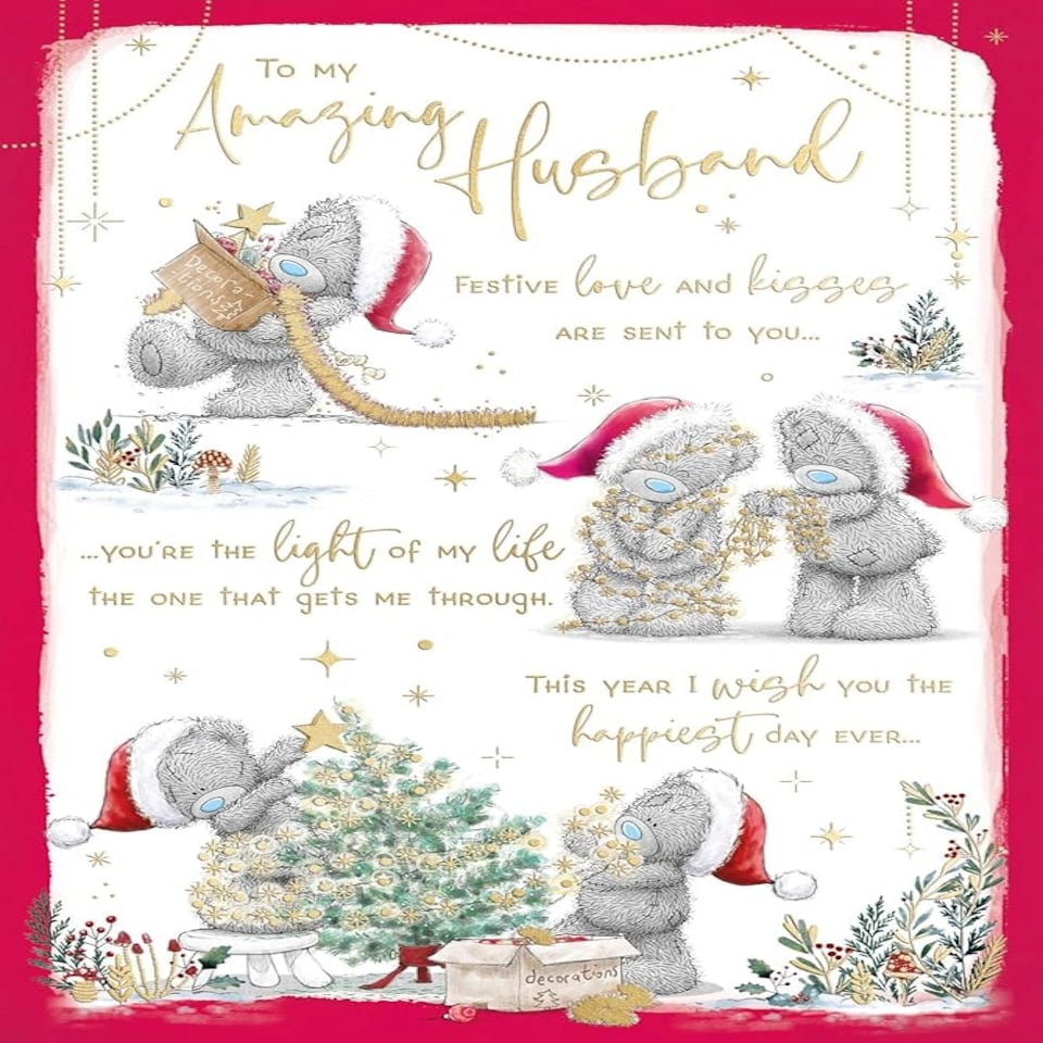 image 1 of Bears Decorating Xmas Tree Storyboard To My Wonderful Husband Christmas Card