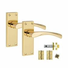 Golden Grace 1 Set Victorian Scroll Astrid Door Handles in Polished Brass with 1 Pair of 3" Standard Butt Hinges & Latches Pack - 120mm x 40mm Backplate Gold
