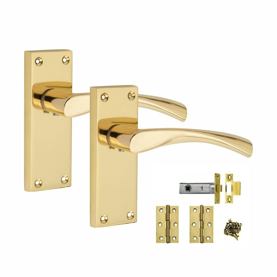 image 1 of Golden Grace 1 Set Victorian Scroll Astrid Door Handles in Polished Brass with 1 Pair of 3" Standard Butt Hinges & Latches Pack - 120mm x 40mm Backplate Gold
