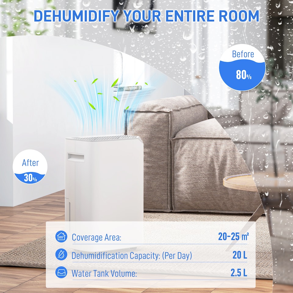 image 1 of HOMCOM 20LDay Dehumidifier with Continuous Drainage, 2.5L Water Tank, 24H Timer, Digital Humidity Display, Dehumidifier for Home Damp, Bedroom, Condensation, Mould, Laundry Drying