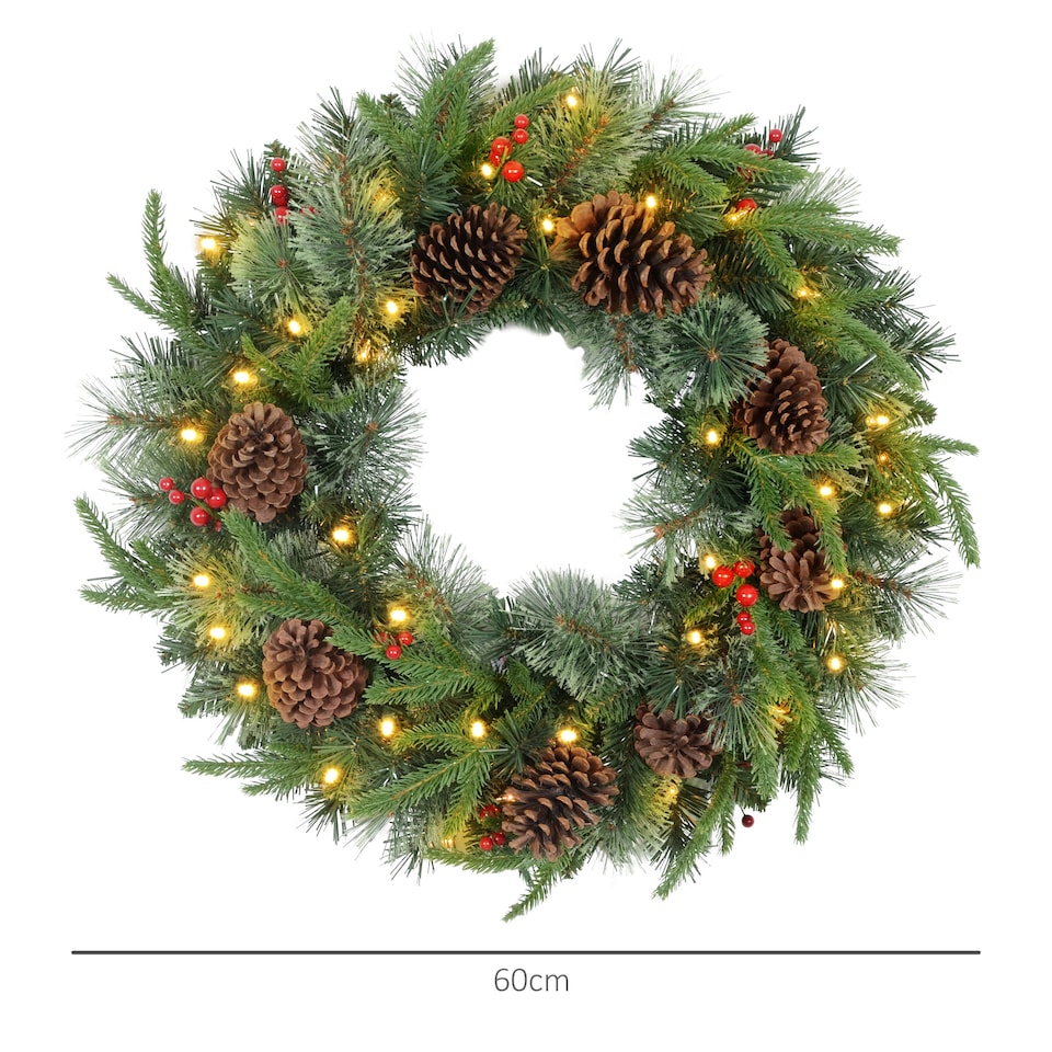 image 1 of HOMCOM 60cm Christmas Wreath with LED Lights Pine Cones Red Berries Green