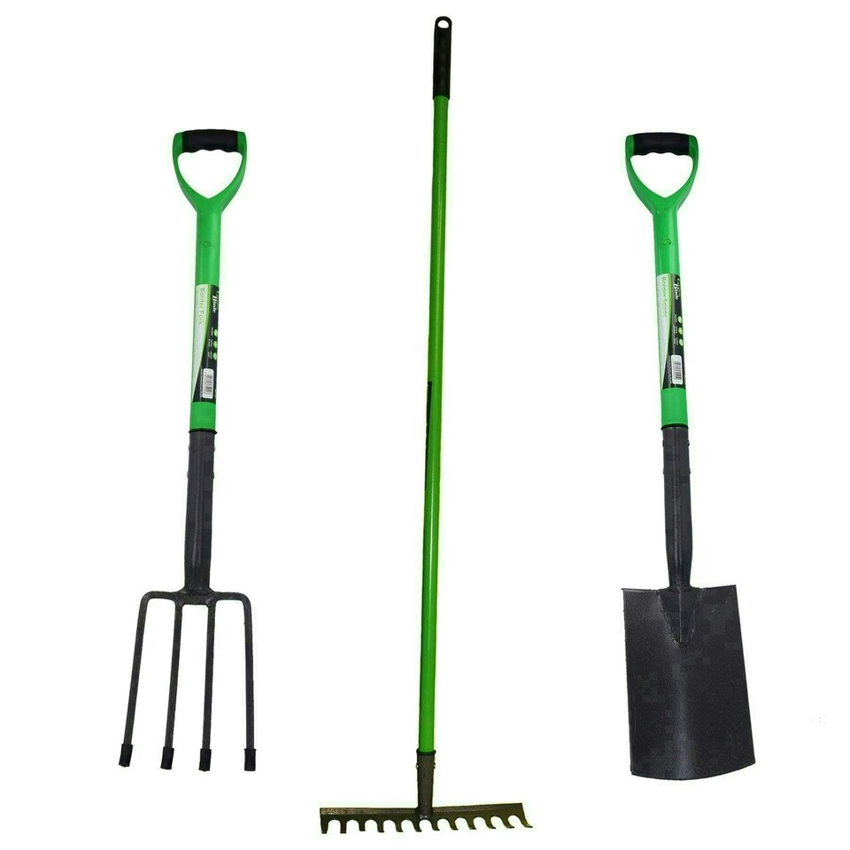 image 1 of Garden Border Fork Spade Rake Soil Gardeners Carbon Steel PVC Handles Strong
