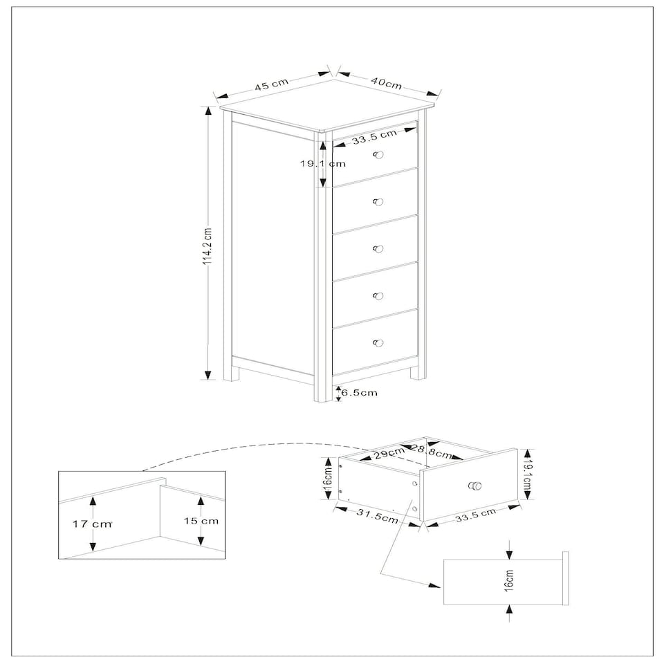 image 1 of Core Products Nairn White 5 Drawer Narrow Chest Of Drawers H114.2cm x W45cm x D40cm White