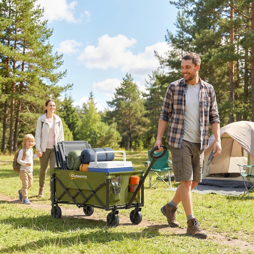 image 1 of Outsunny 60L Festival Trolley on Wheels, Collapsible Wagon Cart | Green | Army Green | 71 x 45 x 86 cm