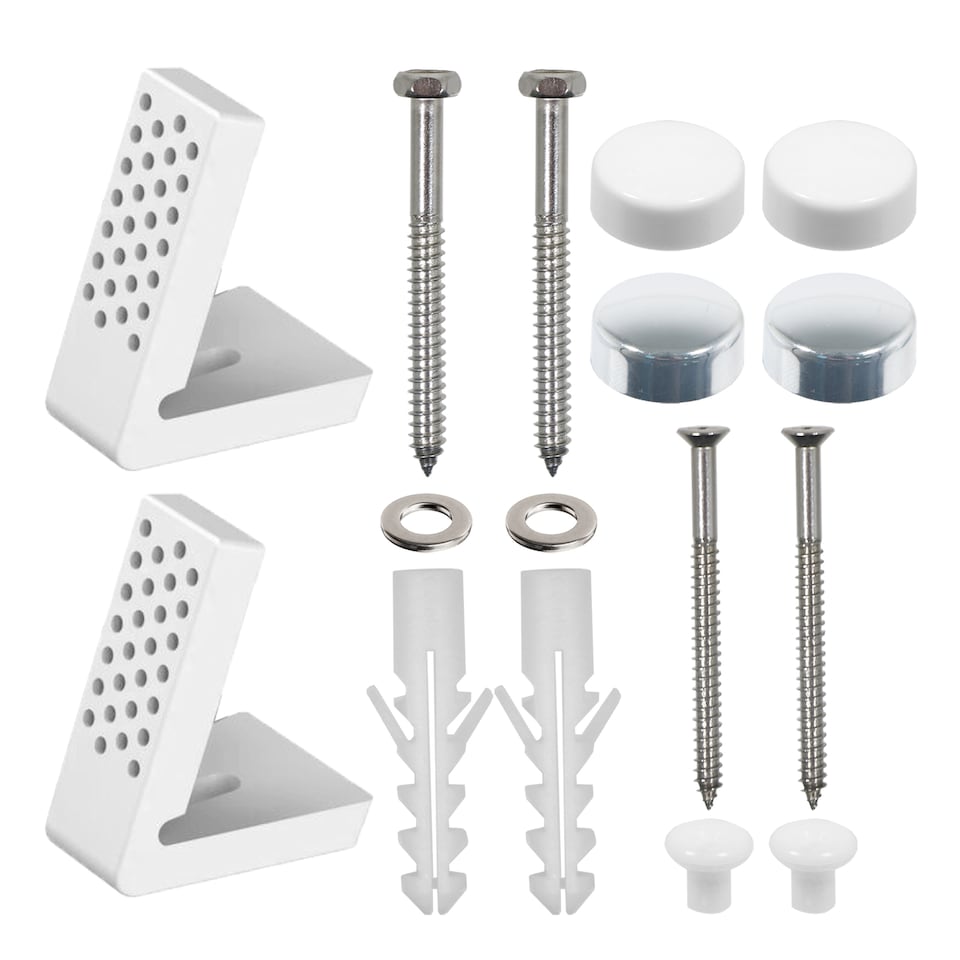 image 1 of SPARES2GO Toilet Pan Fixing Kit Angled Floor WC Bidet Basin Bathroom Bracket Set (White and Chrome Silver Cap Covers)