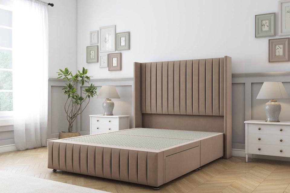 image 1 of Sloomy Marlborough Mink Plush Divan Bed Base No Drawers With 54 Inch Wingback Headboard & 12 Inch Matching Footboard | Brown | Mink | Super King | 1
