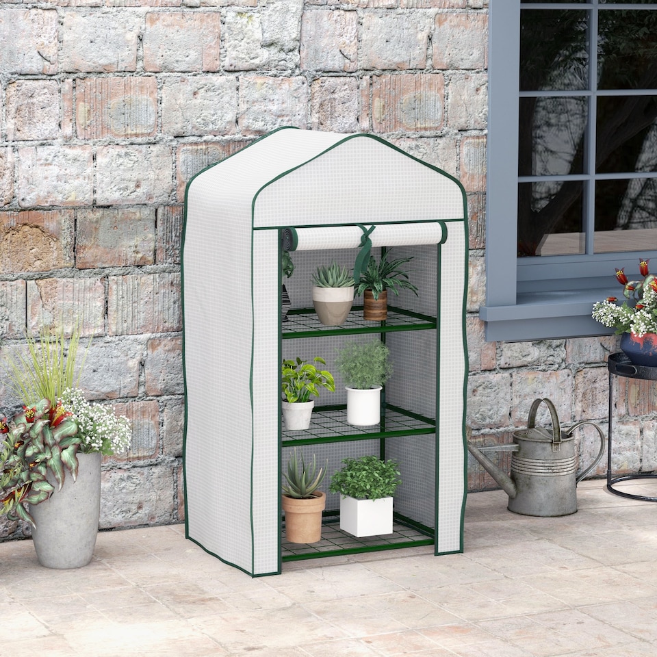image 1 of Outsunny Portable Mini Greenhouse with Roll-up Door and Wire Shelves, White