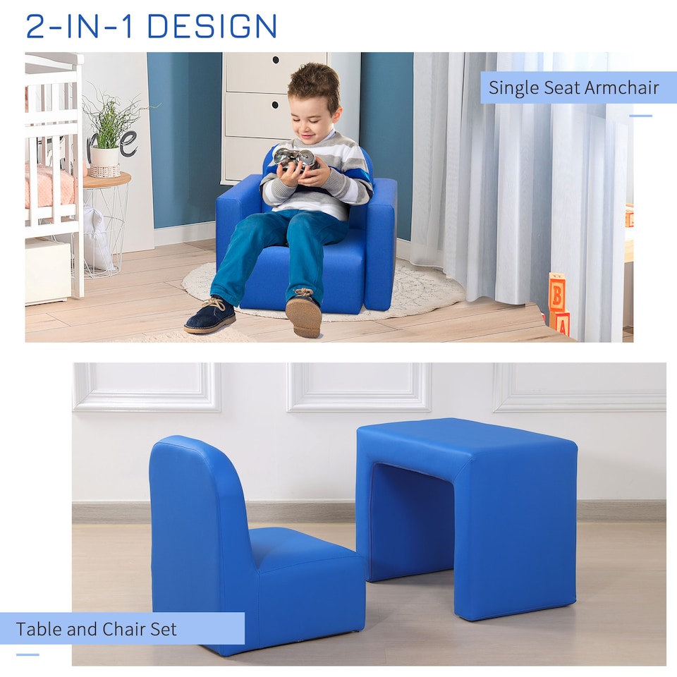 image 1 of HOMCOM Kids Mini Sofa Armchair Seat 2 In 1 Table Chair Set for 3 years | Blue | One Size