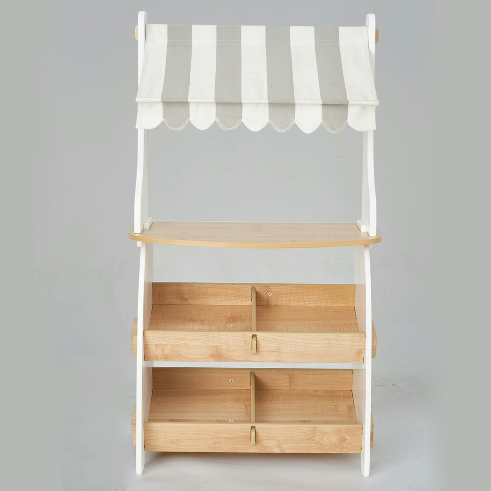 image 1 of Hooga Kids Wooden Toy Shop, Role Play Shop Market Stand With Realistic Shelving and Fabric Canopy