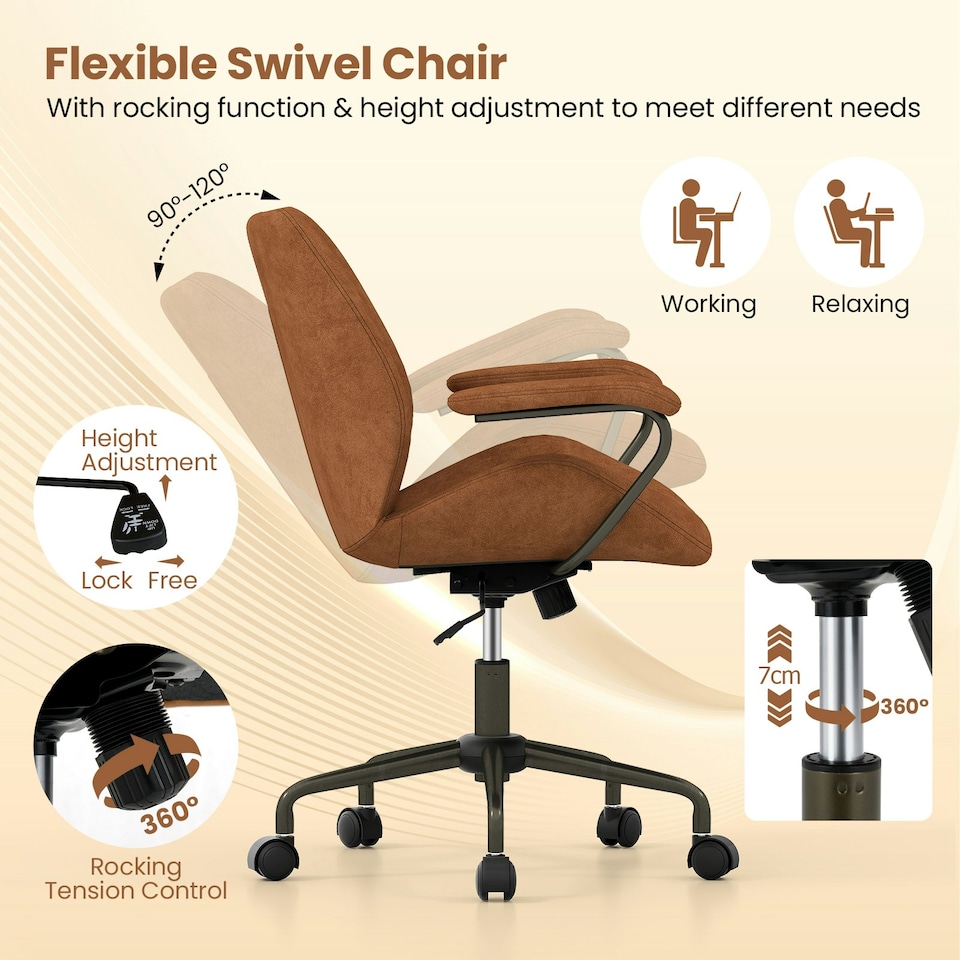 image 1 of COSTWAY Office Chair Mid Century Swivel Computer Desk Chair Brown Brown