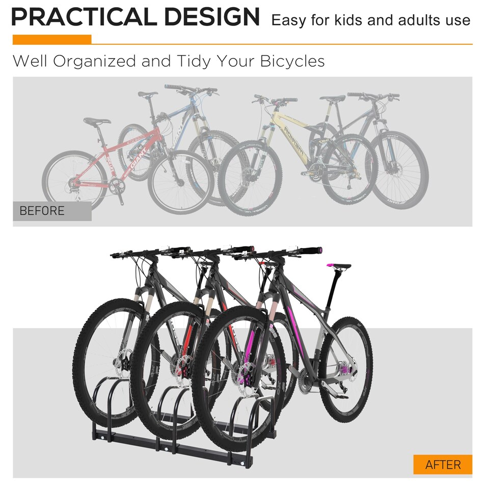 image 1 of HOMCOM Bike Parking Rack Bicycle Locking Storage Stand for 3 Cycling Black | Black | Black