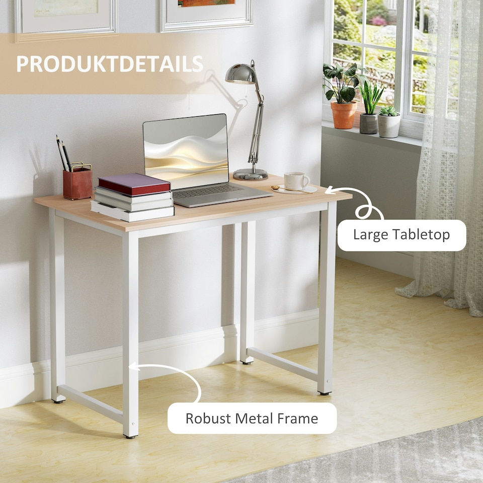 image 1 of HOMCOM Modern Computer Desk, Writing Table with Metal Frame, White White