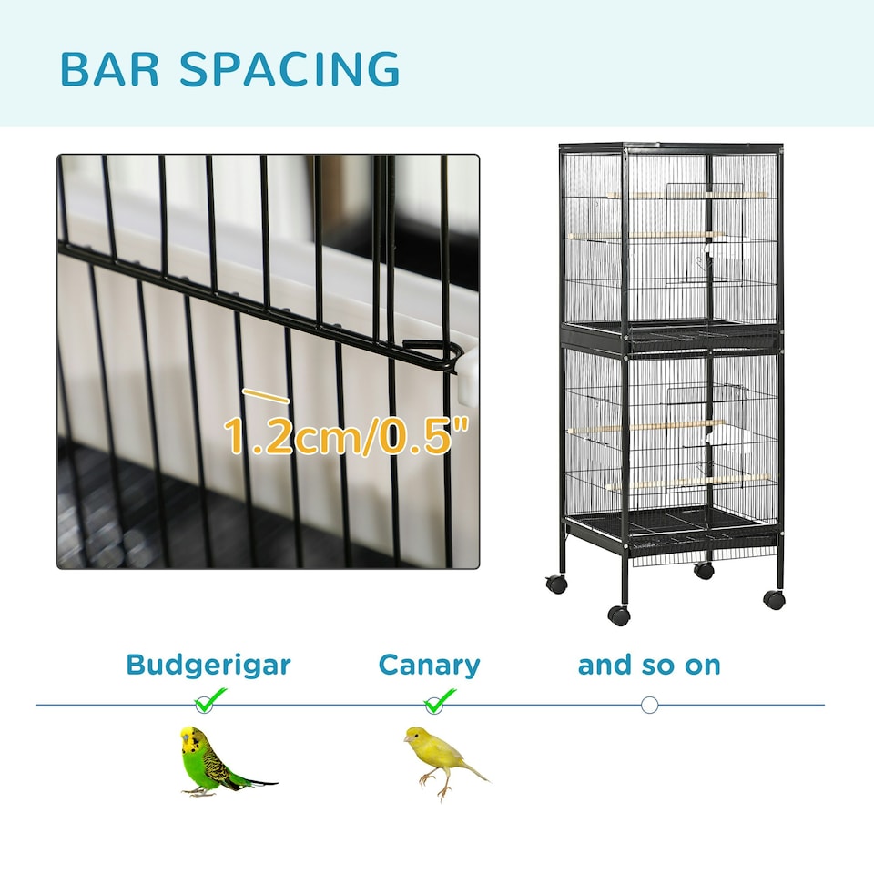 image 1 of PawHut 2 In 1 Large Bird Cage Aviary with Wheels, Slide-out Trays Wood Perches