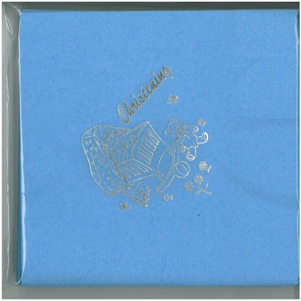 image 1 of Pack of 15 Luxury Blue Christening Teddy Foil Finished Large Napkins (3 Ply)