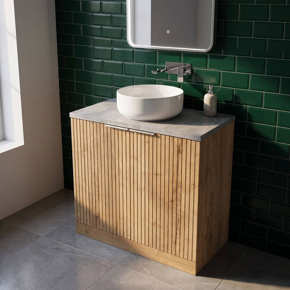 image 1 of Balterley Callingwood Contemporary Floor Standing 2 Door Vanity Unit with Bellato Grey Laminate Worktop , 800mm, Autumn Oak