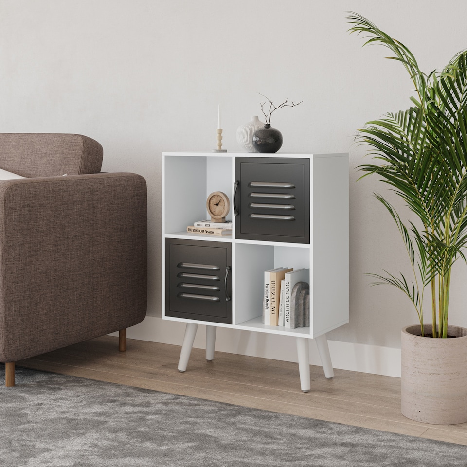 image 1 of White 4-Cube Storage Unit with 2 Metal Doors and Legs | Black | Black & White | 1