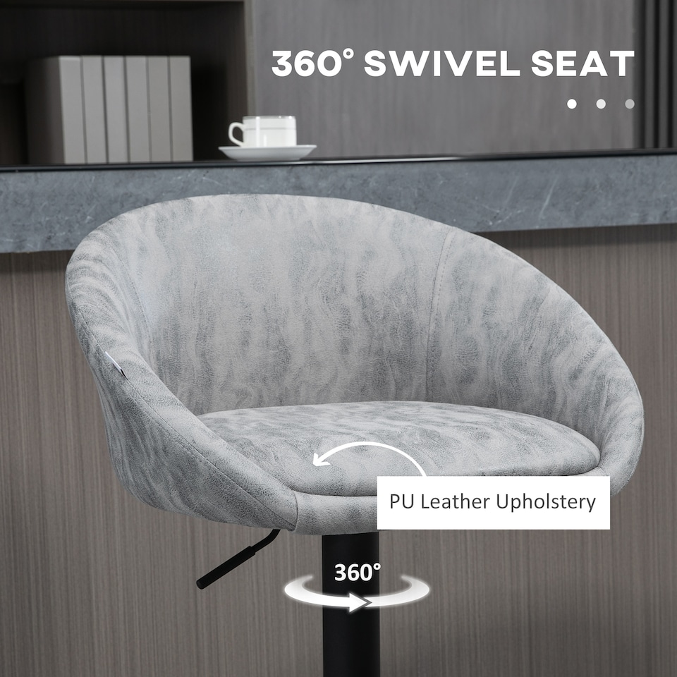 image 1 of HOMCOM Modern Bar Stools Set of 2, Height Adjustable Swivel Barstools, PU Leather Upholstered Bar Chair with Backrest, Armrests and Footrest for Breakfast Bar, Counter, Kitchen, Light Grey
