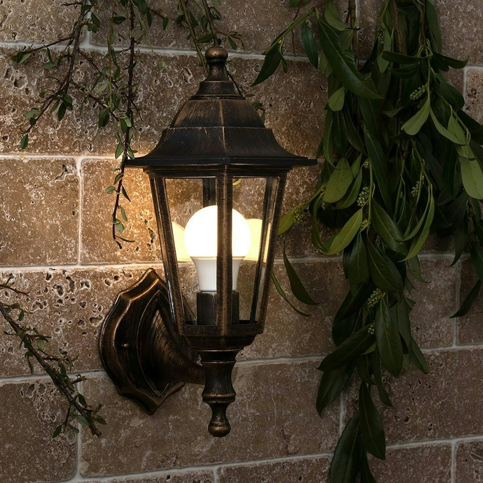image 1 of ValueLights Mayfair Antique Brass Outdoor Security Wall Light Lantern
