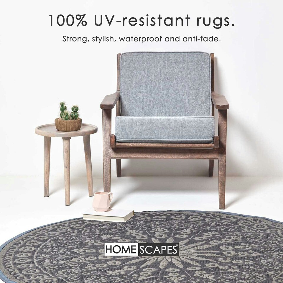 image 1 of Homescapes Outdoor Rug Luxury Waterproof Reversible, For Garden, Round Mandala Black | 170 x 170 cm