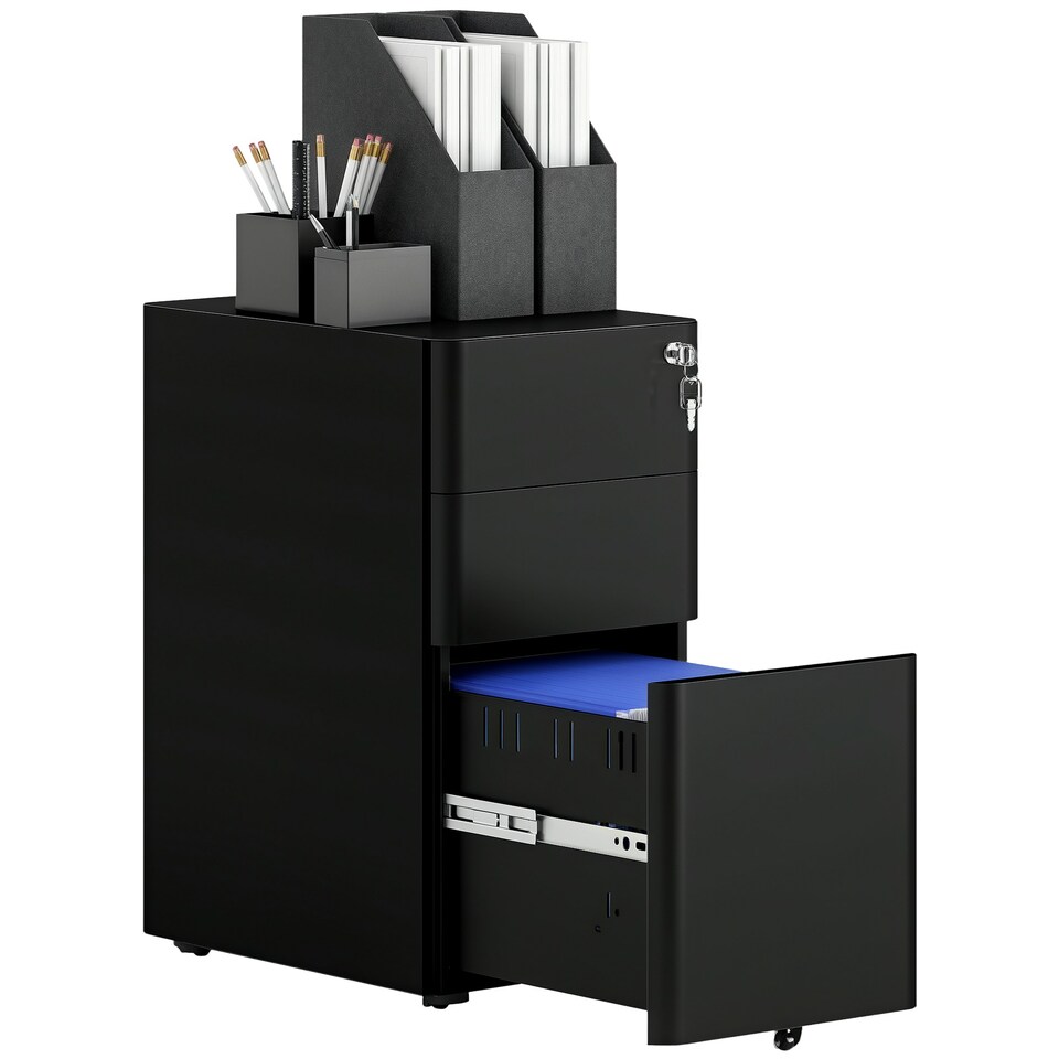 image 1 of Vinsetto Steel Filing Cabinet with Lock and Wheels for Home Office, Black 