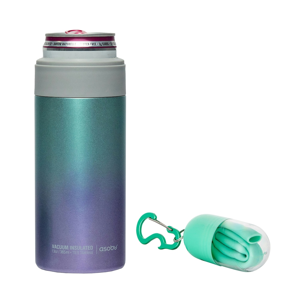 image 1 of Asobu Skinny Can Kuzie Insulated Stainless Steel Sleeve 350ml Unicorn/Teal