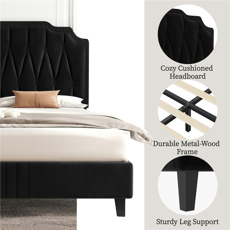 image 1 of Yaheetech 5ft King Upholstered Bed Frame with Button-Tufted Headboard Black