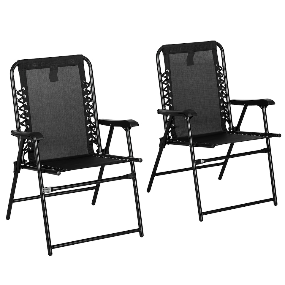 image 1 of Outsunny Set of 2 Patio Folding Chair Set, Garden Portable Outdoor Chairs with Armrest and Breathable Mesh Fabric Seat and Backrest, for Camping, Beach, Deck, Lawn, Black
