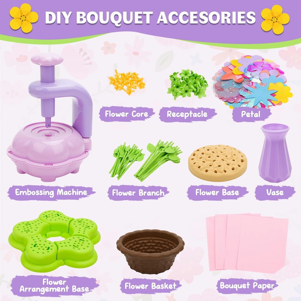 image 1 of DIY Flower Bouquet Craft Kit for Kids – Decorate with Press Machine, Colorful Petals, Basket & Vase