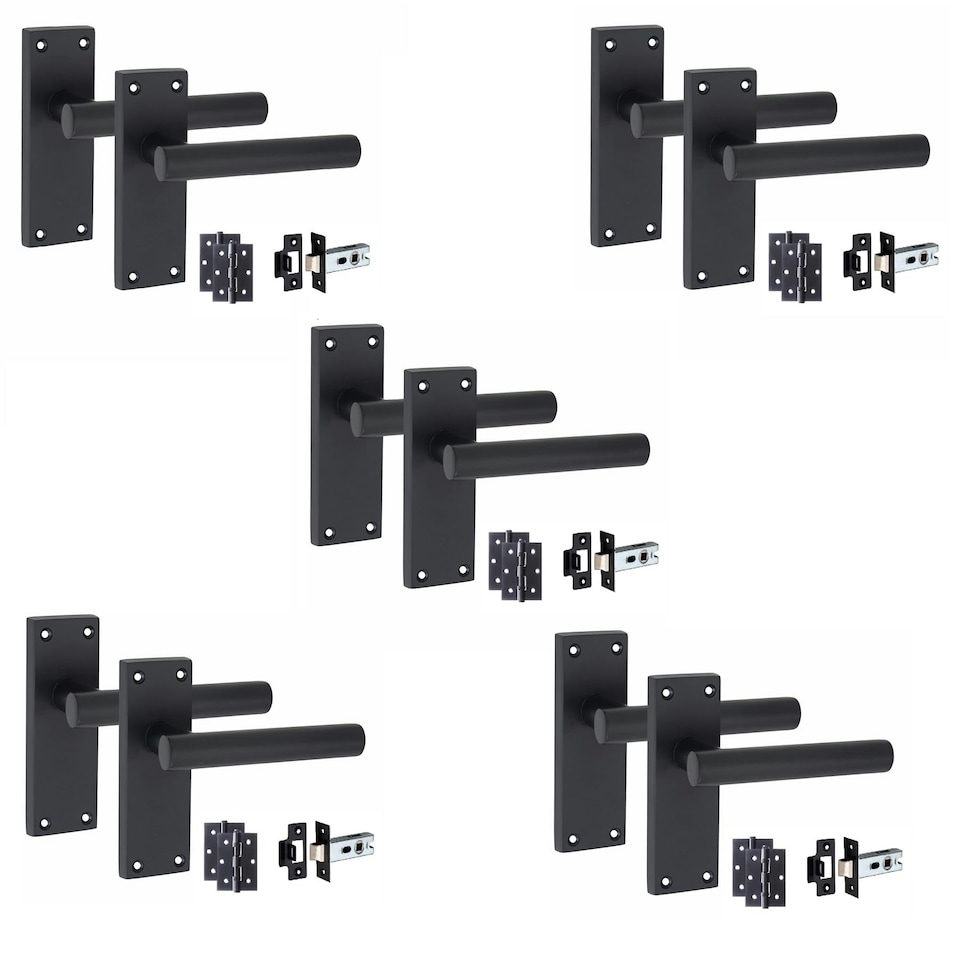 image 1 of Golden Grace 5 Sets Victorian Straight T-Bar Door Handles Latch in Matt Black with 1 Pair of 3" Ball Bearing Hinges & Latches Pack - 120mm x 40mm Backplate Black