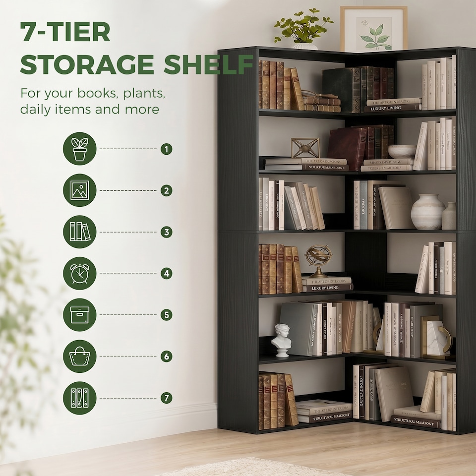 image 1 of HOMCOM 7 Tiers Corner Bookshelf, L-Shaped