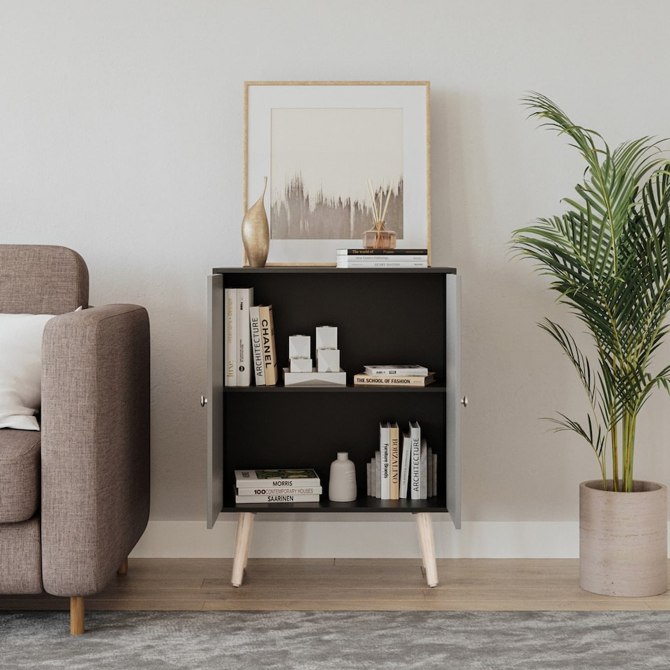 image 1 of Black 60cm 2 Door Living Room Storage Cabinet w/ Shelf and Splayed Legs