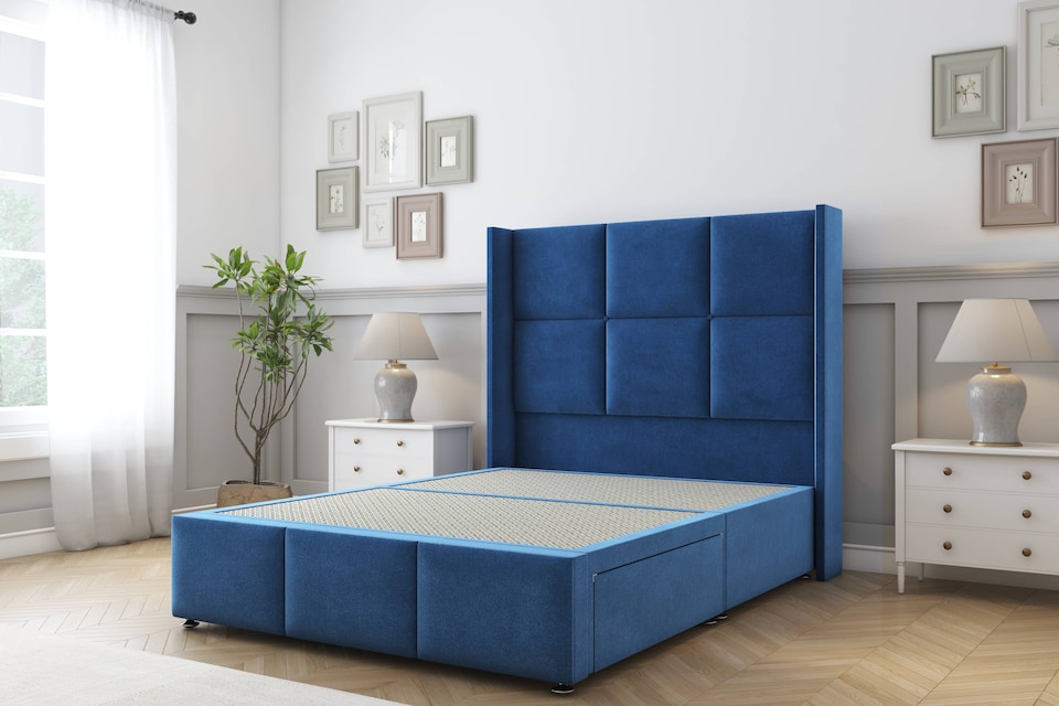 image 1 of Sloomy Beaumont Navy Plush Divan Bed Base 2 Drawers Foot-End With 54 Inch Wingback Headboard & 12 Inch Matching Footboard | Blue | Navy | Small Double | 1