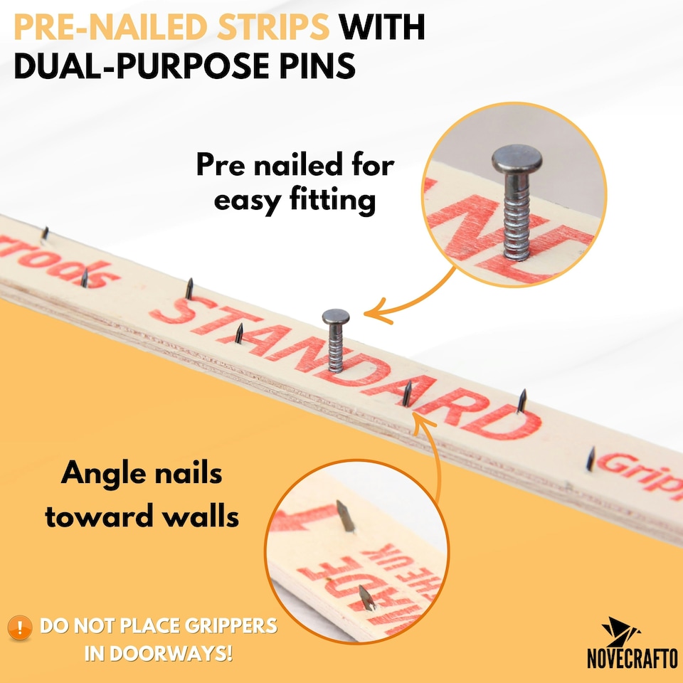 image 1 of NOVECRAFTO Carpet Gripper Rods – 76cm Pre-Nailed Strips with Dual-Purpose Pins for Underlay Installation on Stairs, Concrete & Wood Floors Brown | 40