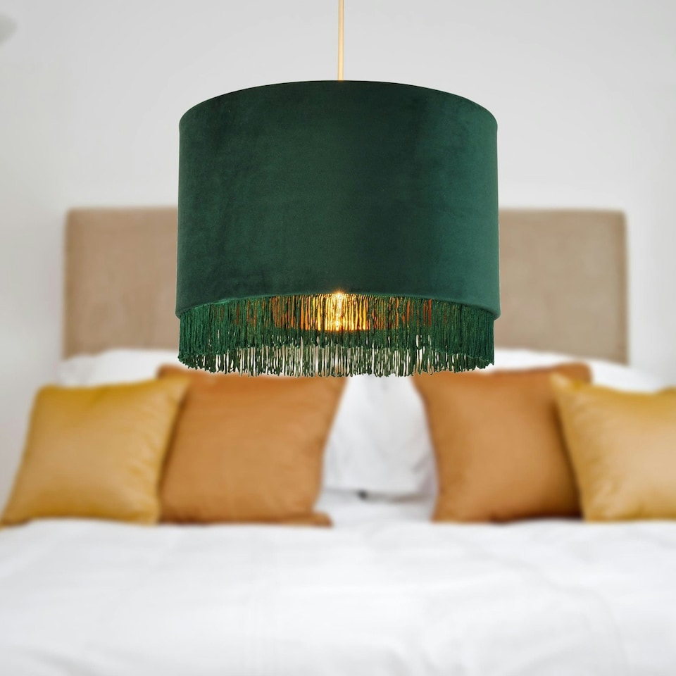 image 1 of First Choice Lighting Set of 2 Spruce Green Velvet With Gold Inner Tassled Light Shades Green | Gold