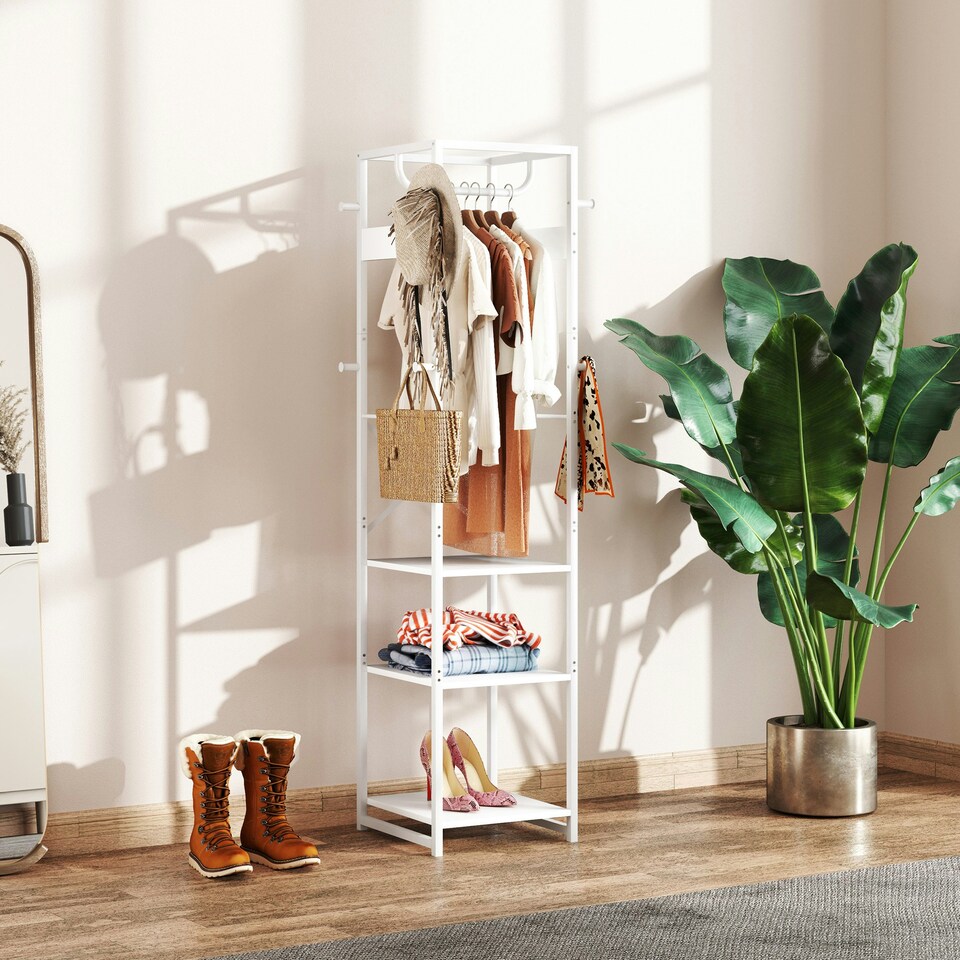 image 1 of HOMCOM Clothes Rail with Storage Shelf and Hooks, Clothes Rack, White