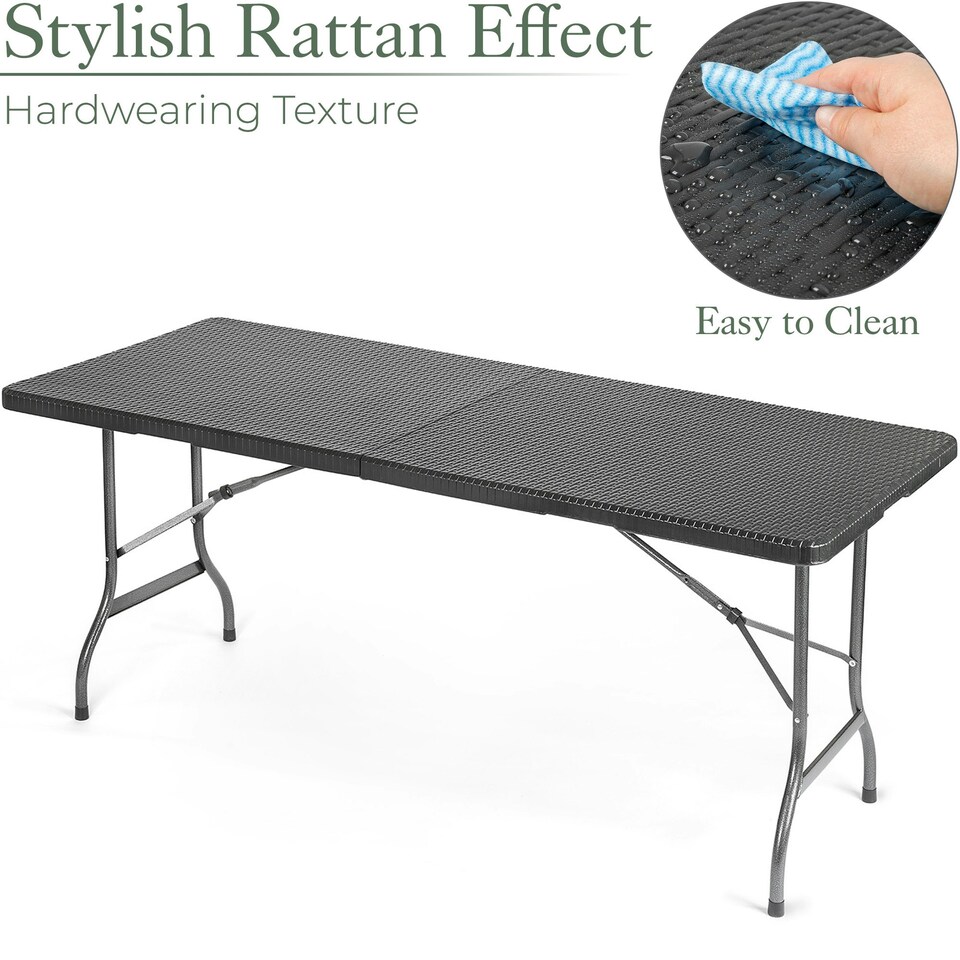 image 1 of Christow Folding Garden Table Rattan Effect Outdoor Camping Dining 6 Seater 6ft