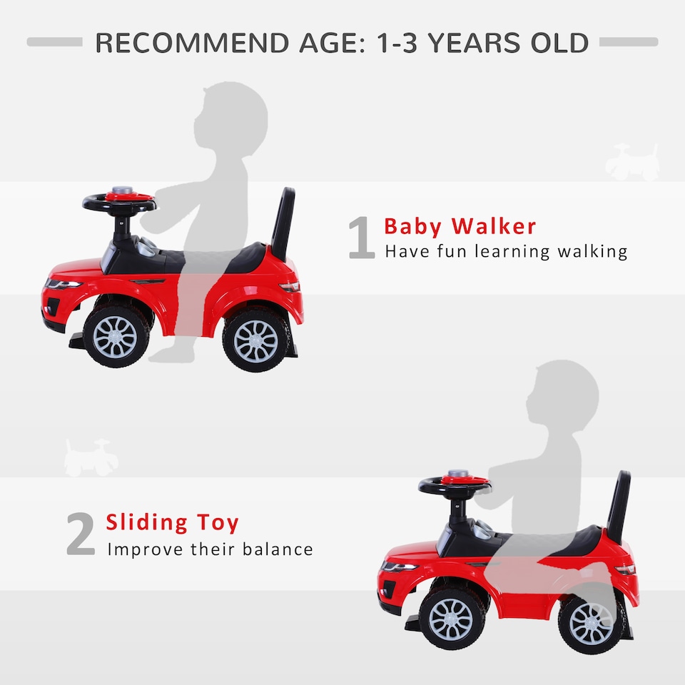 image 1 of HOMCOM 3-in-1 Ride On Car Foot To Floor Slider Toddler with Horn Steering Wheel NO POWER Manual Under Seat Storage Safe Design for 1-3 Year Old Red