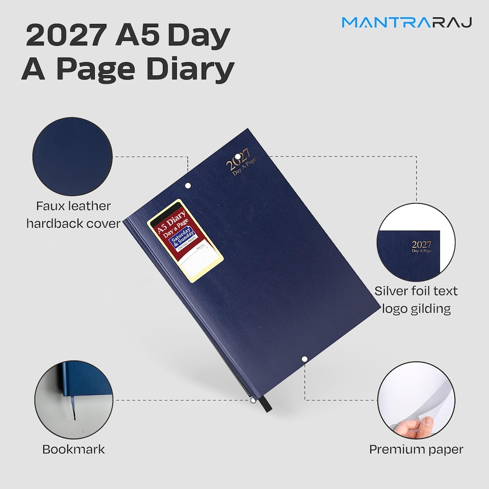 image 1 of MantraRaj 2027 Diary A5 Day a Page Hardback Casebound Cover Desk Diary Organiser Planner Blue