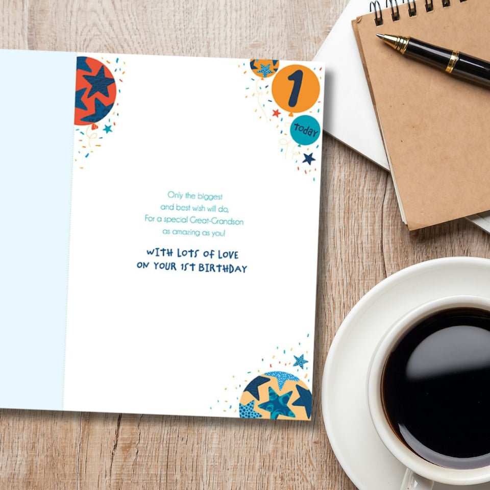 image 1 of Words 'n' Wishes 1st Birthday Card for Great Grandson, Patterned & Foiled Letters With Balloons, Multicoloured, 23.5 x 16.5 cms