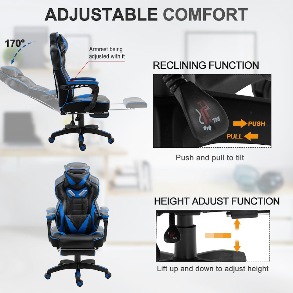 image 1 of Vinsetto Gaming Chair Ergonomic Reclining Manual Footrest Wheels Stylish Blue