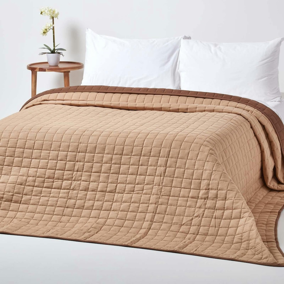 image 1 of Homescapes Cotton Quilted Reversible Bedspread Chocolate Mink Brown - 200 x 200 cm