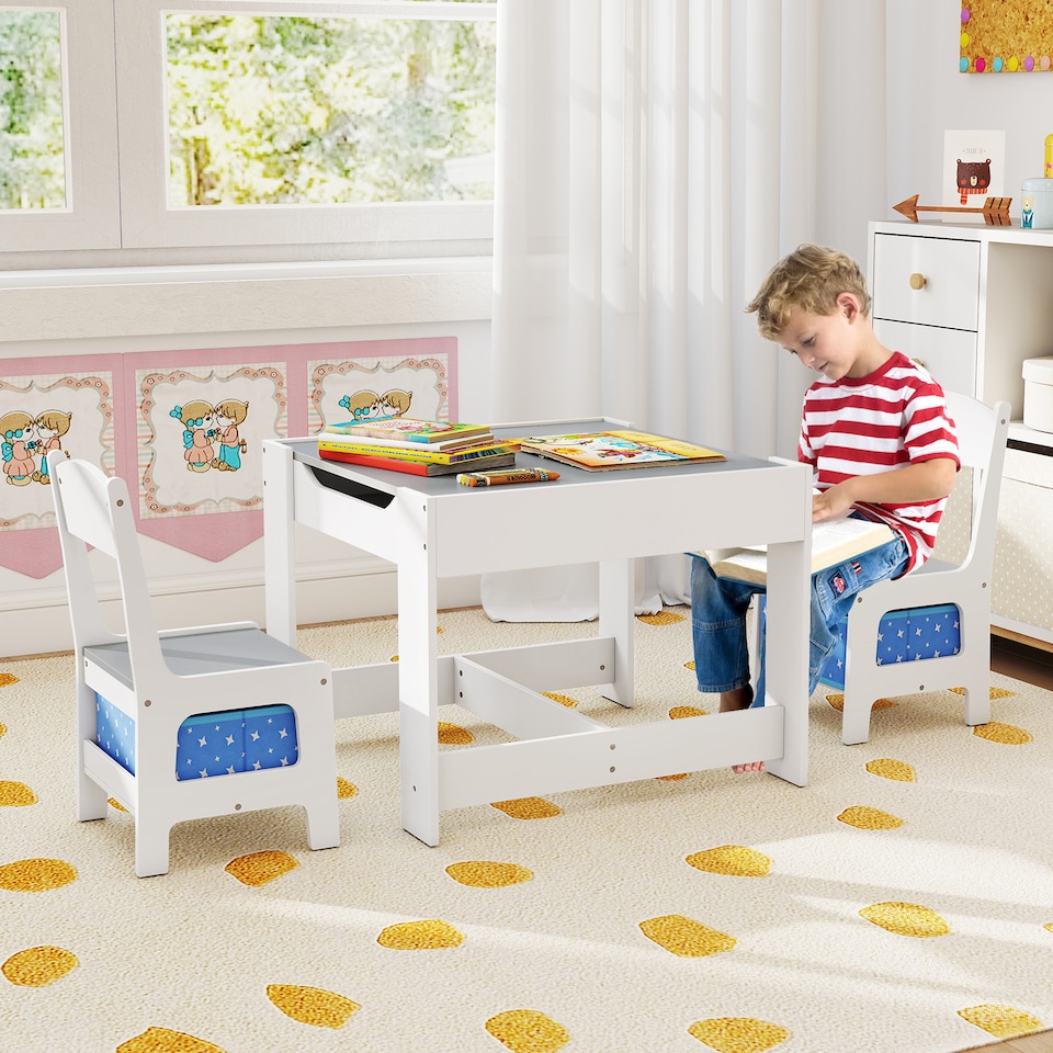 image 1 of COSTWAY Kids Multifunctional Table and 2 Chairs Set Blue