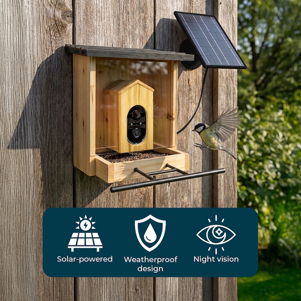 image 1 of JSH Smart Bird Feeder Camera with AI Species Identifier 1080p Video with Night Vision Solar Panel Livestream Feeding Table