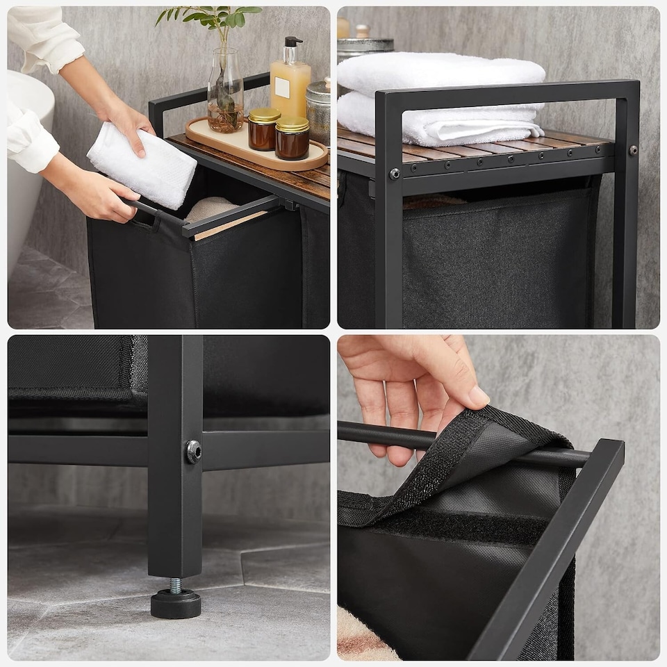 image 1 of Laundry Sorter with 2 Removable Liner Bags, Pull-Out Hampers and Storage Shelf, Rustic Brown and Ink Black