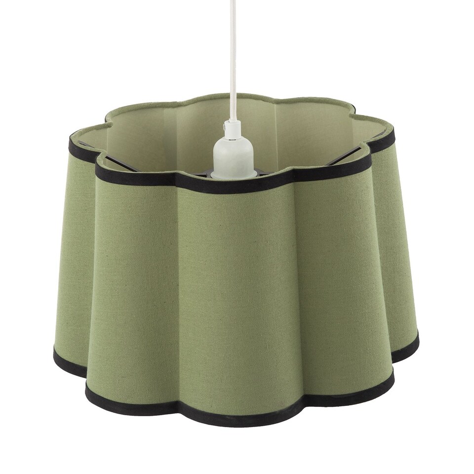 image 1 of Olive Green Linen Scallop Drum Lamp Shade with Black Cotton Trims | Green | Olive Green | 1