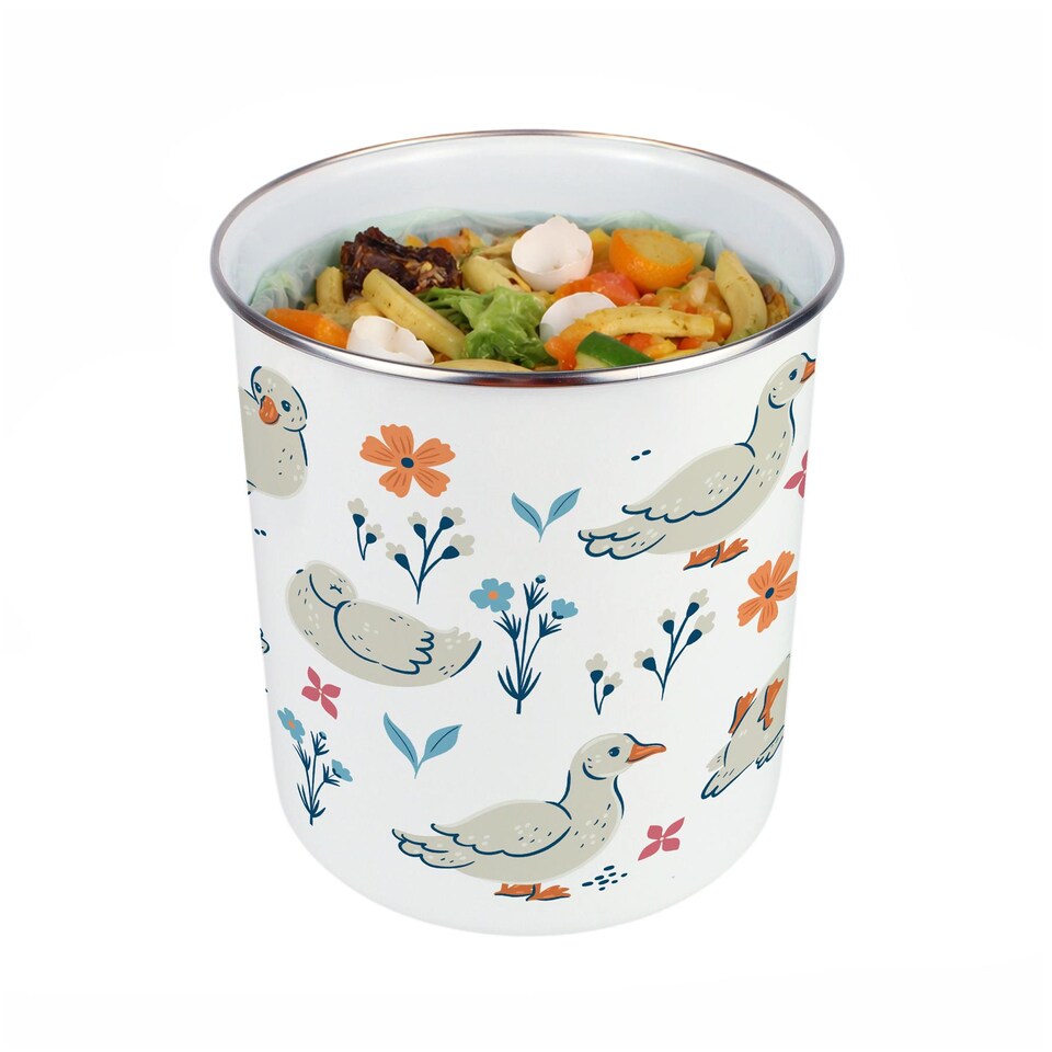 image 1 of Ducks & Flowers Food Waste Caddy - Metal 2L Decorative Kitchen Compost Bin