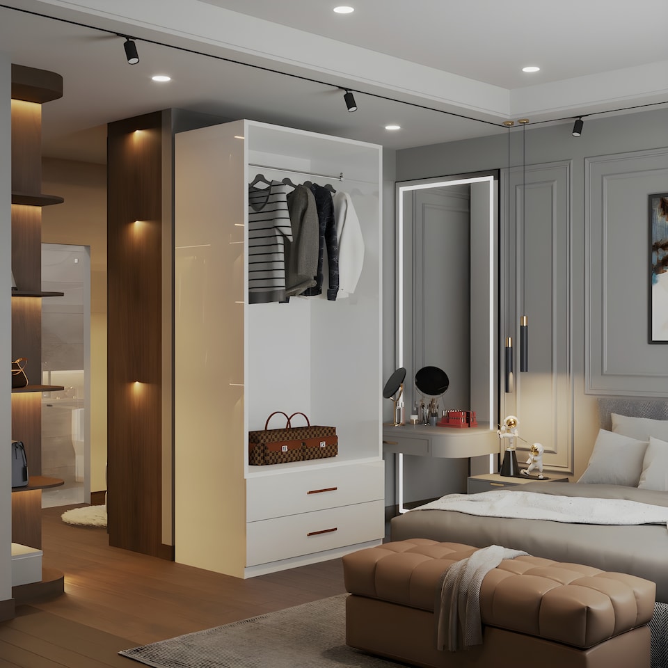 image 1 of Modern 2 Door High Gloss Wardrobe with Mirror, Drawers & Hanging Rail